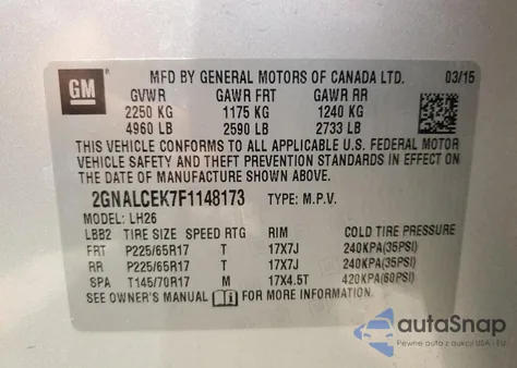 2015 Chevrolet Equinox Lt из США, поврежденный, VIN 2GNALCEK7F1148173